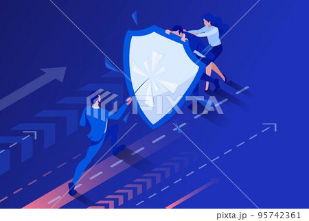 Isometric Business businessmen hiding behind a shield from attack. Concept for web design Isometric Business businessmen hiding behind a shield from attack. Concept for web design 95742361