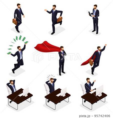 Trendy isometric vector people, 3d businessmen jumping, running, idea, joy, throwing money, business scene, young businessman on white background 95742406