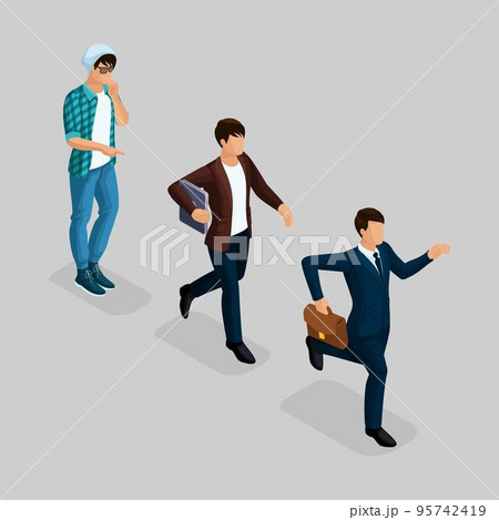 Trendy isometric people, 3d businessman, development start-up, creative freelancer, team of professionals, business creation, career growth, business concept on a gray 95742419