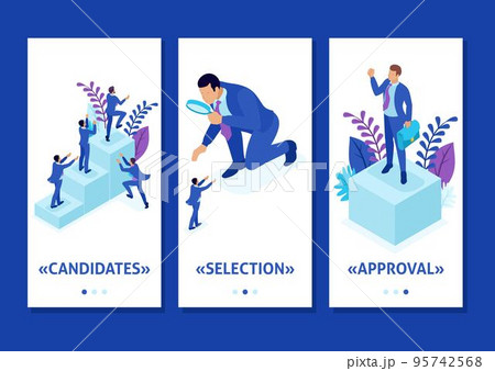 Isometric Template app competitive struggle for career growth, businessman looks at candidates through a magnifying glass, smartphone apps 95742568