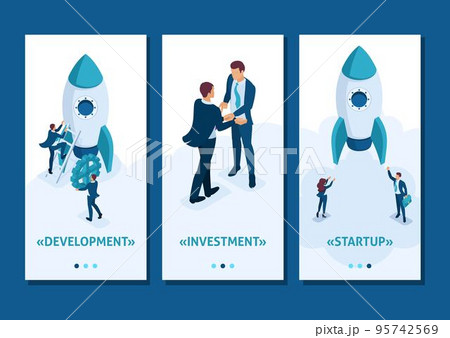 Isometric Template app development and startup business. Businessmen create a rocket, smartphone apps 95742569