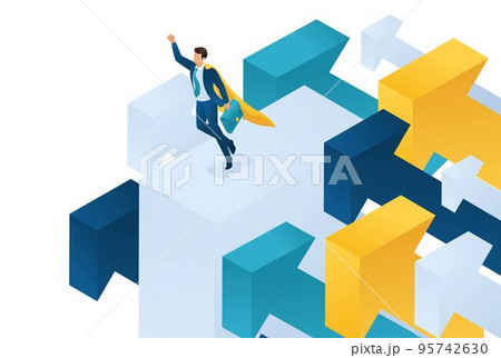Isometric aiming for the top, a businessman flies on large arrows. Concept for web design 95742630