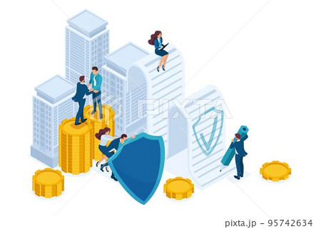 Isometric Businessmen insure their assets, investments and shares, shield. Concept for web design 95742634