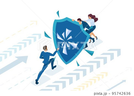 Isometric Business businessmen hiding behind a shield from attack. Concept for web design 95742636