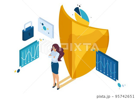 Isometric how to ensure full safety of your business, lawyer girl. Concept for web design 95742651
