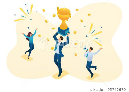 Isometric successful businessman celebrating a victory, and to triumph in Cup winners. Concept for web design Isometric successful businessman celebrating a victory, and to triumph in Cup winners. Concept for web design 95742670