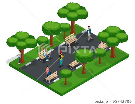 Trendy People Isometric vector 3D teenagers, young people, students, freelancers, running, walking in the park, benches, work outdoors Trendy People Isometric vector 3D teenagers, young people, students, freelancers, running, walking in the park, benches, work outdoors 95742709