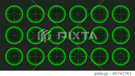 Various weapon night sights, sniper rifle optical scopes. Hunting gun viewfinder with crosshair. Aim, shooting mark symbol. Military target sign, silhouette. Game UI element. Vector illustration Various weapon night sights, sniper rifle optical scopes. Hunting gun viewfinder with crosshair. Aim, shooting mark symbol. Military target sign, silhouette. Game UI element. Vector illustration 95742761