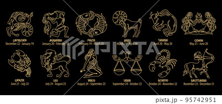Zodiac signs, astrological horoscope signs. Contour golden drawings on a black background. Icons, vector Zodiac signs, astrological horoscope signs. Contour golden drawings on a black background. Icons, vector 95742951