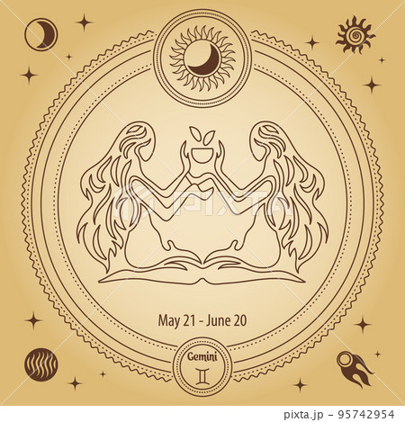 Gemini Zodiac sign, astrological horoscope sign. Outline drawing in a decorative circle with mystical astronomical symbols. Vector 95742954