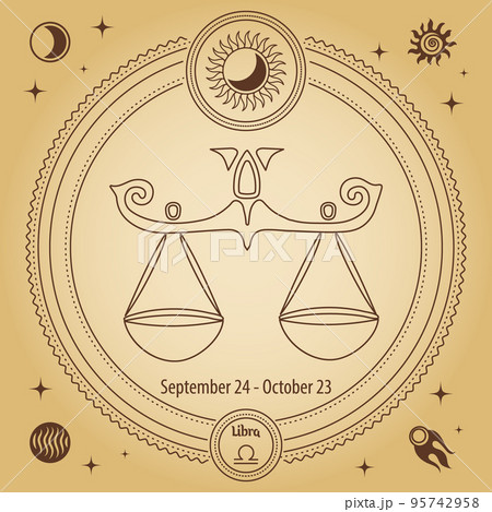 Libra Zodiac sign, astrological horoscope sign. Outline drawing in a decorative circle with mystical astronomical symbols. Vector 95742958