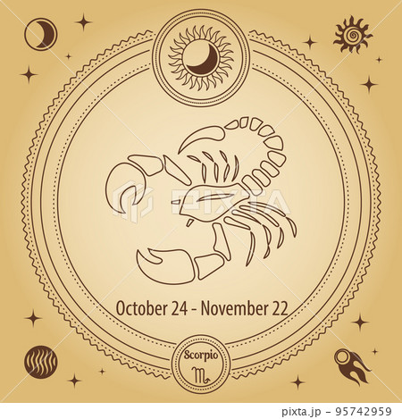 Zodiac sign Scorpio, astrological horoscope sign. Outline drawing in a decorative circle with mystical astronomical symbols. Vector 95742959