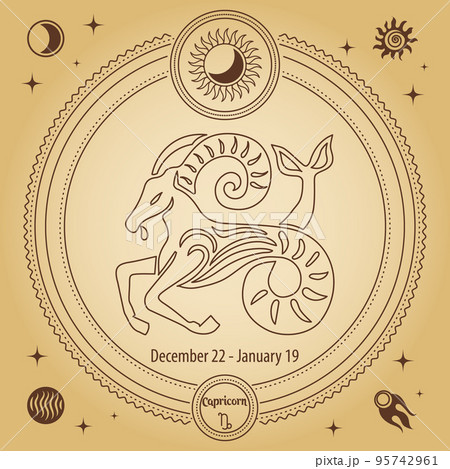 Capricorn zodiac sign, astrological horoscope sign. Outline drawing in a decorative circle with mystical astronomical symbols. Vector 95742961