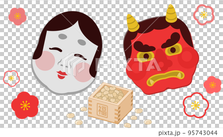 Setsubun Oni 和 Okame 面具和豆子插圖 95743044
