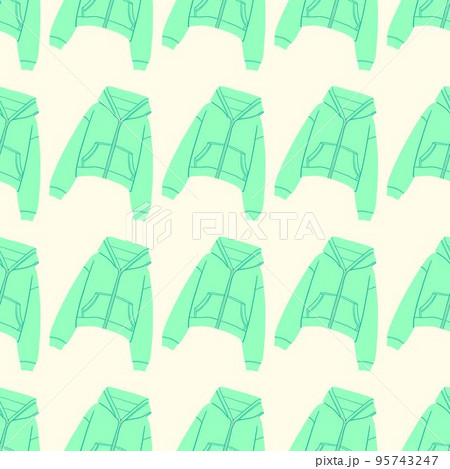 Cozy seamless pattern with clothes. Green trendy hoodie. Contemporary casual style, youth fashion and wardrobe. Vector illustration 95743247