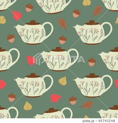 Seamless pattern with teapot, autumn leaves and acorns. Sweet home and cozy autumn concept. Hand drawn vector illustration, flat design 95743248