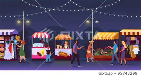 Night market. Festival food stall. Outdoor shops. Local fair street. Marketplace flyer. Summer city evening panorama. People walking and shopping in kiosks. Vector cartoon illustration 95743299