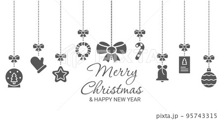 New year greeting card. Merry Christmas festoon icons. Presents and balls hanging on ribbons. Xmas celebration background. Santa and snowman. Festive garlands. Vector design elements 95743315