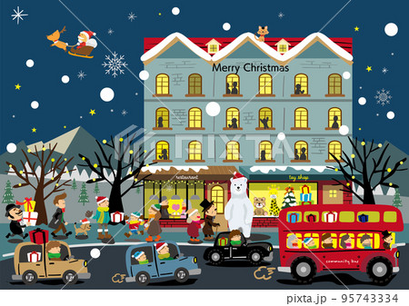 クリスマスの夜まちと行き交う人々の楽しくてかわいいイラスト 95743334