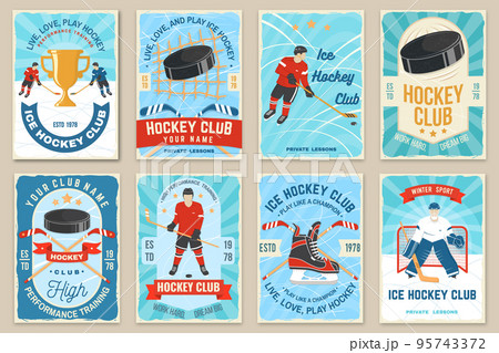 Ice Hockey club flyer, brochure, banner, poster. Concept for shirt or logo, print, stamp or tee. Winter sport. Vintage typography design with player, sticker, puck and skates silhouette. Vector. 95743372