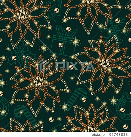 Pattern with flower poinsettia made of jewelry chains, stars on green background 95743838