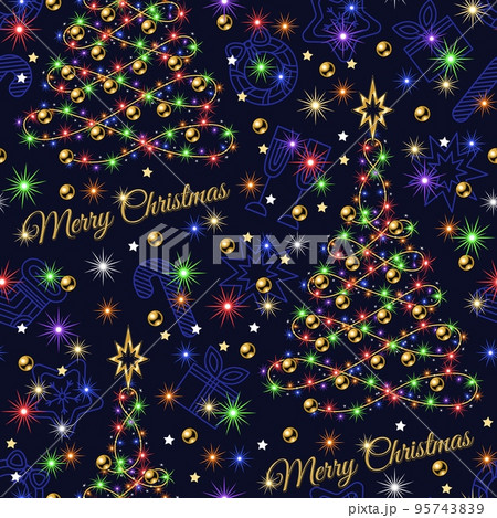 Pattern with christmas tree, festive garland, colorful lights, stars, sparkles 95743839