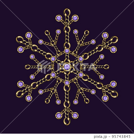 Fancy snowflake made of jewelry gold chains, shiny ball beads, purple gemstones 95743845