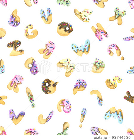 Latin letters sweet cookies with icing and confectionery sprinkles, multicolored. Watercolor illustration. Seamless pattern on a white background from the collection of ICE CREAM and SWEETS Latin letters sweet cookies with icing and confectionery sprinkles, multicolored. Watercolor illustration. Seamless pattern on a white background from the collection of ICE CREAM and SWEETS 95744556