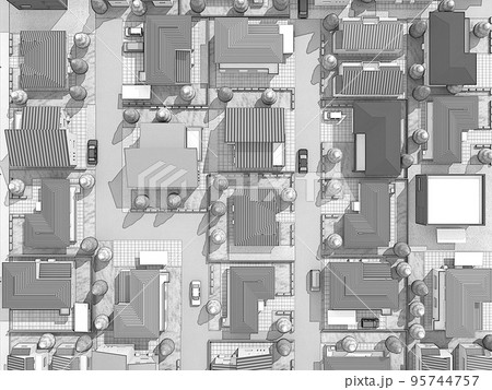 住宅街　真俯瞰　線画風　マンガ背景　家　 95744757