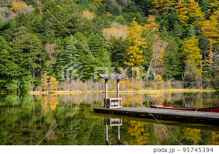 明神池の黄葉とお船 95745394