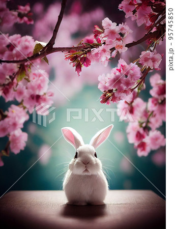 cute fluffy little bunny sits on the background of cherry blossoms	 95745850