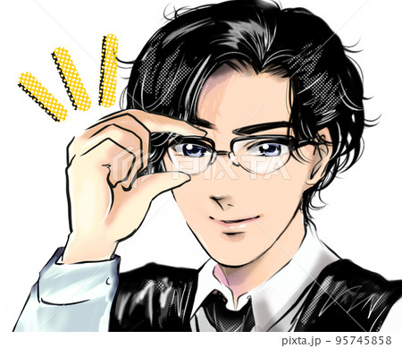 眼鏡をかけなをし凝視するイケメン黒髪パーマの若い男性の少女漫画カラーイラスト 95745858