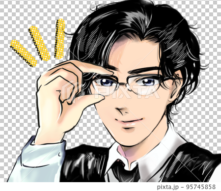 眼鏡をかけなをし凝視するイケメン黒髪パーマの若い男性の少女漫画カラーイラスト 95745858