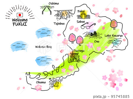 春の福井の観光地シンプル線画イラストマップ 春の福井の観光地シンプル線画イラストマップ 95745885