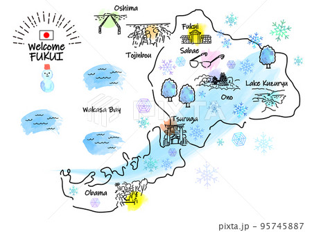 冬の福井の観光地シンプル線画イラストマップ 95745887