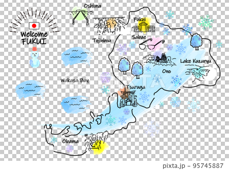 冬の福井の観光地シンプル線画イラストマップ 95745887