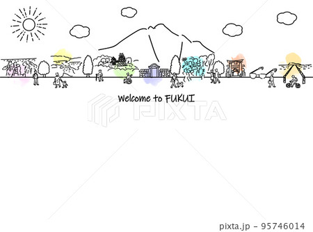 手書きの福井県の街並みと人々のシンプル線画 95746014