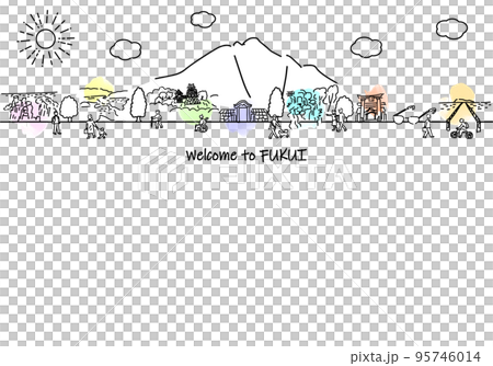 手書きの福井県の街並みと人々のシンプル線画 95746014