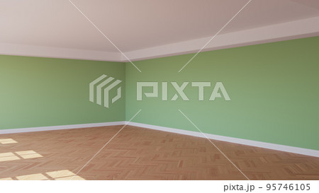Corner of the Sunlit Interior with Green Walls, a White Ceiling and Cornice, Glossy Herringbone Parquet Floor, and a White Plinth. Unfurnished Room Concept. 3d rendering, Ultra HD 8K, 7680x4320 95746105