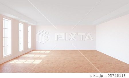 White Empty Interior with Stucco Walls, Three Large Windows, White Ceiling Cornice, Glossy Herringbone Parquet Floor and a White Plinth. 3D rendering with a Work Path on the Windows. 8K Ultra HD White Empty Interior with Stucco Walls, Three Large Windows, White Ceiling Cornice, Glossy Herringbone Parquet Floor and a White Plinth. 3D rendering with a Work Path on the Windows. 8K Ultra HD 95746113