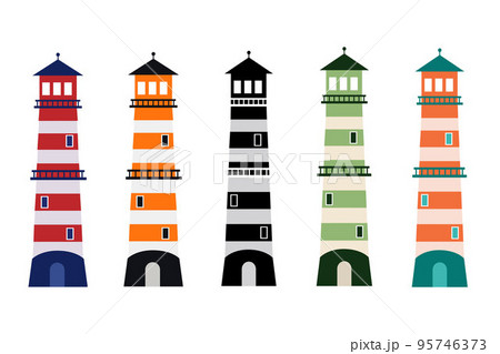Set of multicolored lighthouse navigation object towers, template vector illustration isolated on white background. Beacon or beacon. 95746373