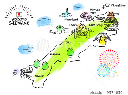 手書きの島根の観光地シンプル線画イラストマップのイラスト素材