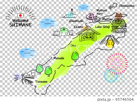 手書きの島根の観光地シンプル線画イラストマップ 95746504