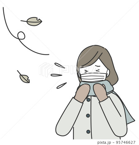 くしゃみをするマフラーと手袋をつけたマスク姿の女性 くしゃみをするマフラーと手袋をつけたマスク姿の女性 95746627