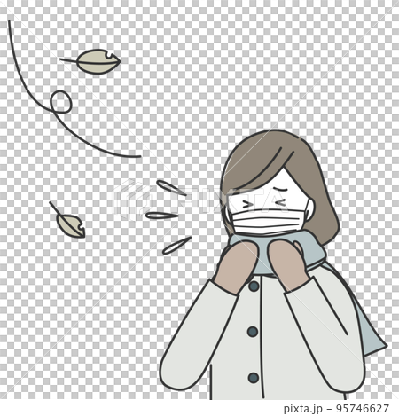 くしゃみをするマフラーと手袋をつけたマスク姿の女性 くしゃみをするマフラーと手袋をつけたマスク姿の女性 95746627