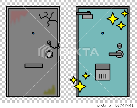古くなった玄関扉を新しいドアにリフォームするイラスト 古くなった玄関扉を新しいドアにリフォームするイラスト 95747441