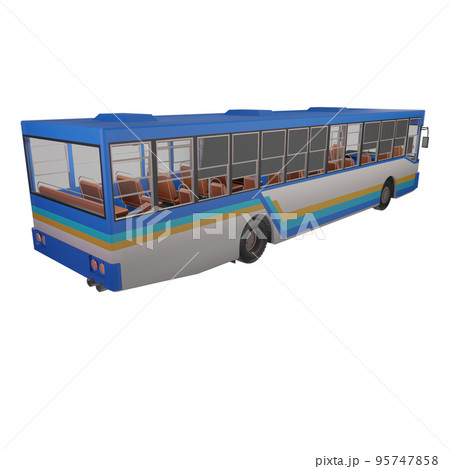 3D render thailand city bus blue white yellow color. right side and focus on rear to front composition view. opposite the door side png illustration 95747858