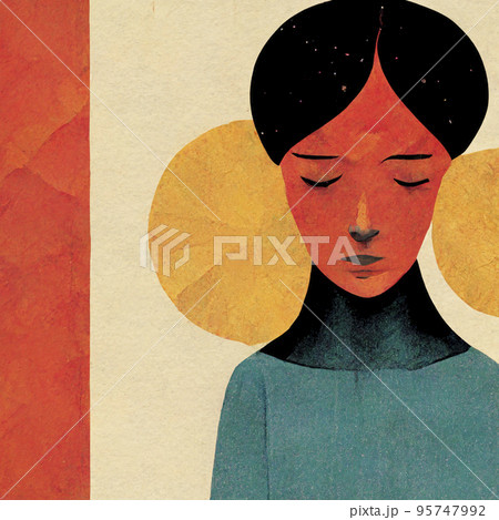 古びた紙に描かれた静かな女性のデザイン画 95747992