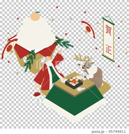 Santa Claus spends New Year's Eve slowly at home with his reindeer 95749911