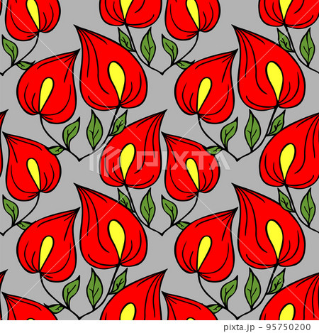 seamless pattern of red large exotic flowers with a black outline on a gray background, texture, design 95750200
